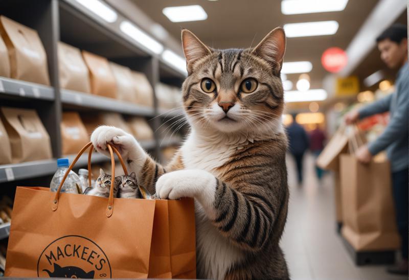 05873-4279559704-Cinematic still of cat holding shopping bag full of fishes with paws,shopping with smile in a market. . Shallow depth of field,v.png